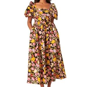 NWT Nobody's Child Nova Puff Sleeve
Black Floral Midi Dress Size 6